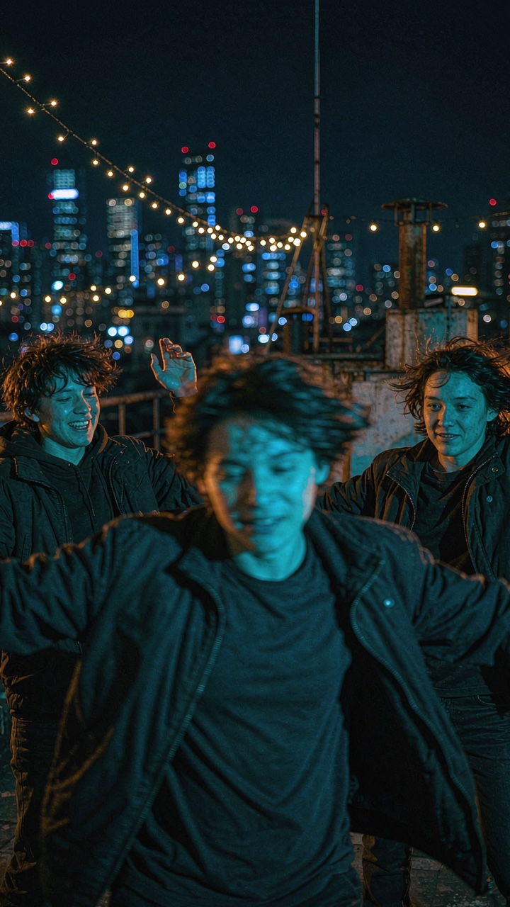 Skyline rooftop AI night dance scene
